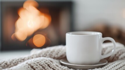 A serene scene featuring a white mug on a saucer wrapped in a cozy knit blanket, set against the warm, glowing backdrop of a fireplace for a comforting winter ambiance.