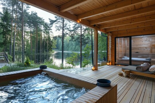 A scenic outdoor spa area with a hot tub and a view of the surrounding forest and lake.