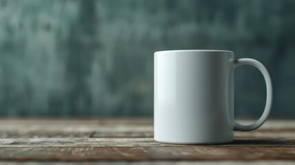 A simple, aesthetically pleasing image of a plain white ceramic mug placed on a rustic wooden table. The background is blurred, adding focus to the mug, suggesting tranquility and comfort.