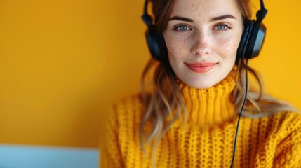 A freckled woman in a yellow knit sweater enjoys her music through large black headphones, conveying a sense of calm and contentment in a vibrant, modern setting.