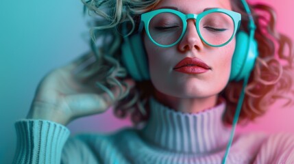 A stylish woman with curly hair and teal glasses is deeply immersed in music, captured in a dreamy, colorful ambiance, reflecting relaxation and a love of music.