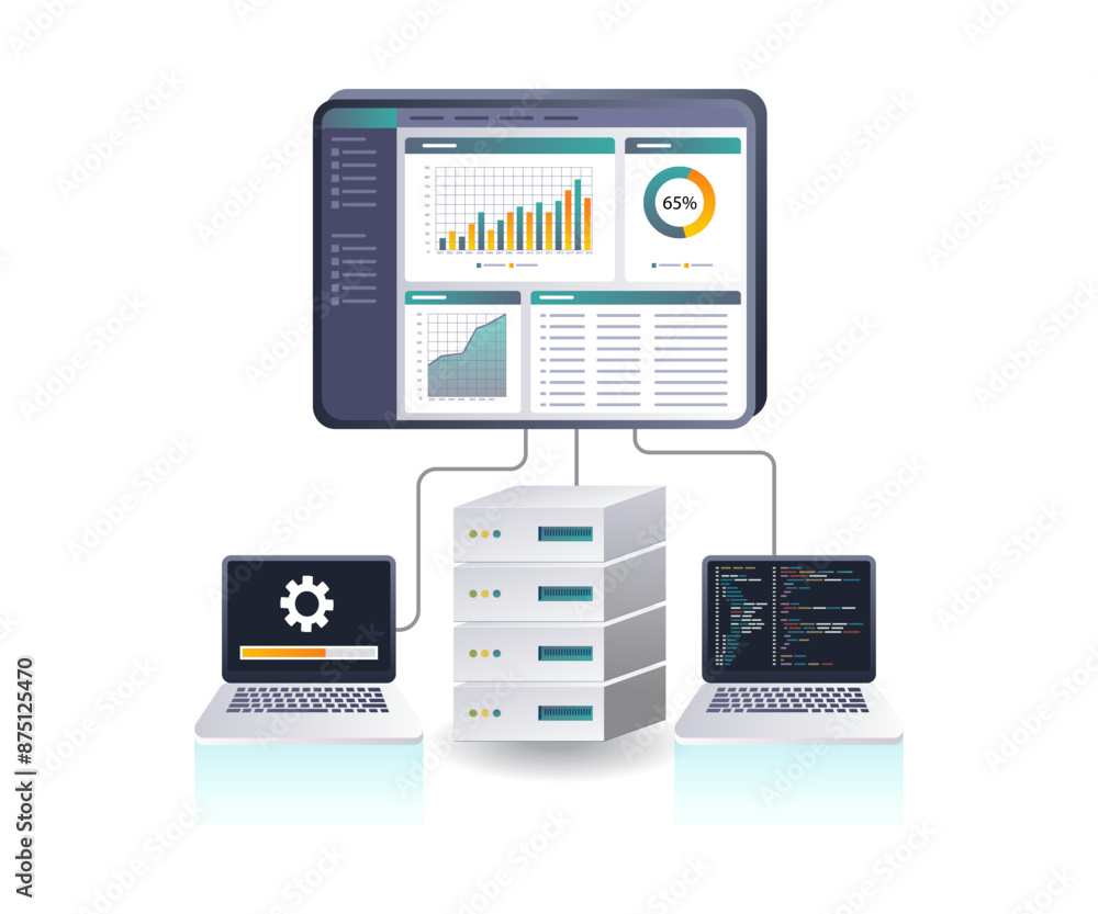 Aufkleber Analysis of server computer technology flat illustration