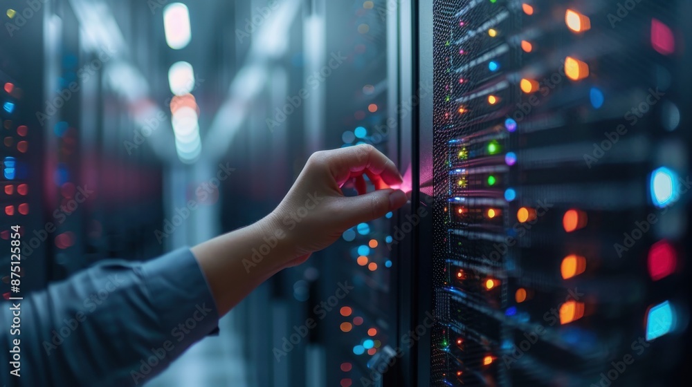Poster a hand is shown adjusting a server rack with numerous colorful led indicators, symbolizing technolog
