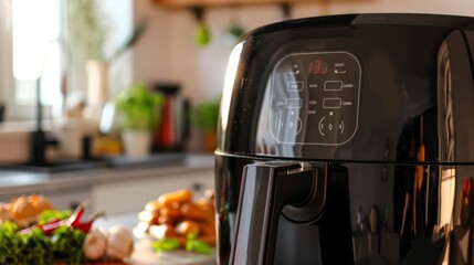 Air fryer close-up control panel in modern kitchen for advanced cooking