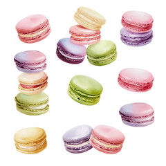 Set of watercolor illustrations of macaroons. Elements isolated on white background for your design.