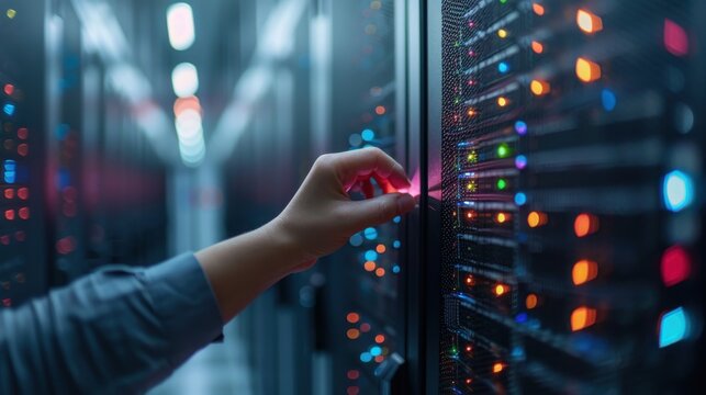 A hand is shown adjusting a server rack with numerous colorful LED indicators, symbolizing technological expertise and precision in a high-tech server environment.