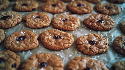 Freshly baked chocolate chip cookies topped with sea salt, arranged on a baking sheet covered in parchment paper.
