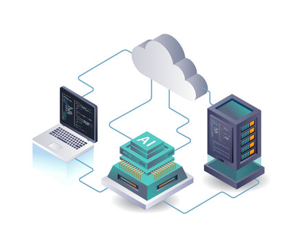 AI analyzes data from cloud servers isometric illustration
