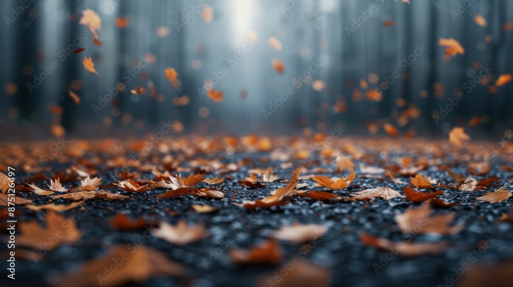 Poster numerous autumn leaves are scattered across a forest path with a blurred misty background, creating 