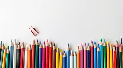 Colorful pencils and a single red paperclip on a white background. Ideal for school, creativity, and office-themed projects.