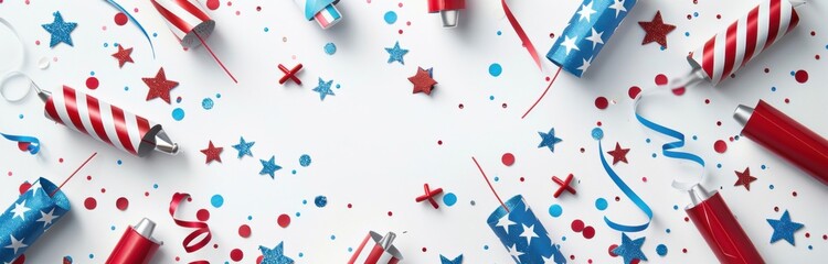 Festive Patriotic Celebration Background with Party Poppers and Stars