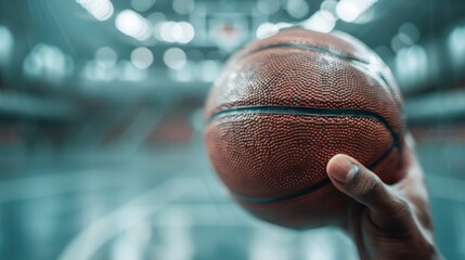 Focused image of a hand gripping a basketball, ready to throw, symbolizing preparation, determination, and the excitement of the sport in an indoor basketball court setting.