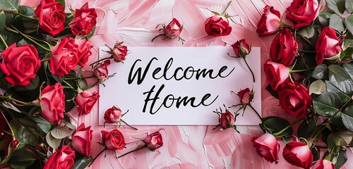 welcome home written in the middle of the background with roses flowers decoration with rgb light decorated the templates of the welcome home background ultra welcome flat lay background 