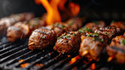 A visually delicious image of meat skewers being perfectly grilled on a barbecue, with visible flames highlighting the cooking process and enticing aroma.