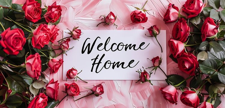 welcome home written in the middle of the background with roses flowers decoration with rgb light decorated the templates of the welcome home background ultra welcome flat lay background 
