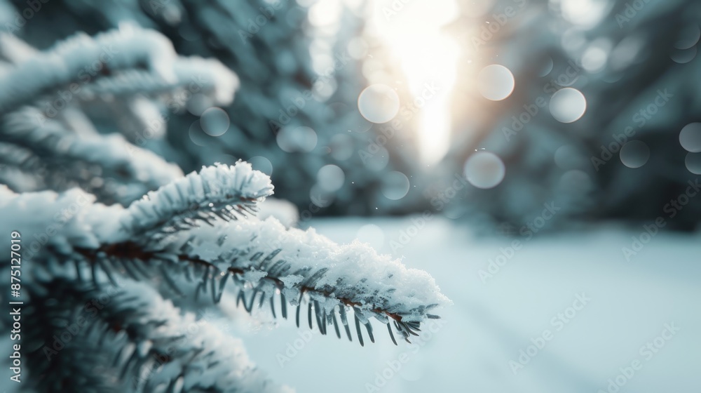 Poster a close-up of a snow-covered pine branch in a forest with a sunlight parting the trees in the backgr