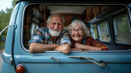 A senior couple smiles from the front seats of a vintage camper van, enjoying nomad lifestyle.