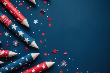 Fototapeta premium Patriotic Rockets and Stars Composition on Blue Background for Celebratory Occasions
