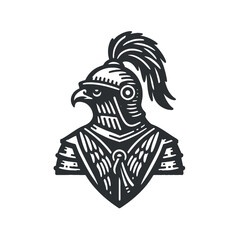 Falcon knight. Bird in knight's armor. Vintage black engraving vector illustration. Line art, isolated object, cut out