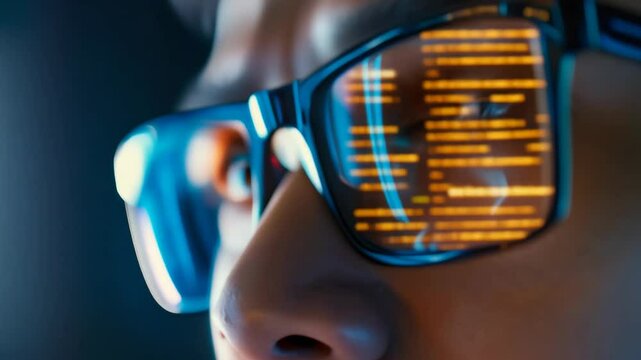 Close-up of a person with code reflecting in glasses