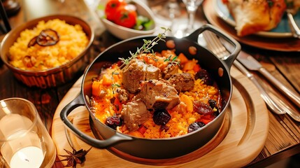 Savory lamb stew with vegetables and spices served in a pot, accompanied by sides and candlelight.