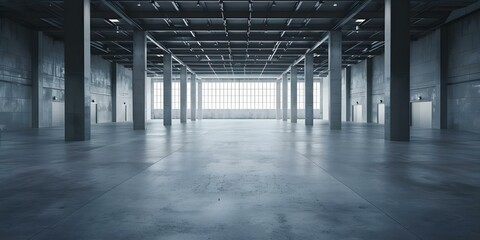 Abandoned Factory with Empty Concrete Floor and Metal Beams. Concept Abandoned Factory, Industrial Setting, Concrete Floor, Metal Beams, Urban Decay