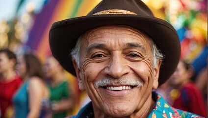 Obraz premium Smiling elderly man with a hat and mustache enjoying a colorful outdoor festival, radiating joy and happiness with a vibrant background of people and decorations.