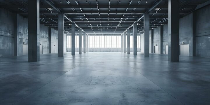 Abandoned Factory with Empty Concrete Floor and Metal Beams. Concept Abandoned Factory, Industrial Setting, Concrete Floor, Metal Beams, Urban Decay