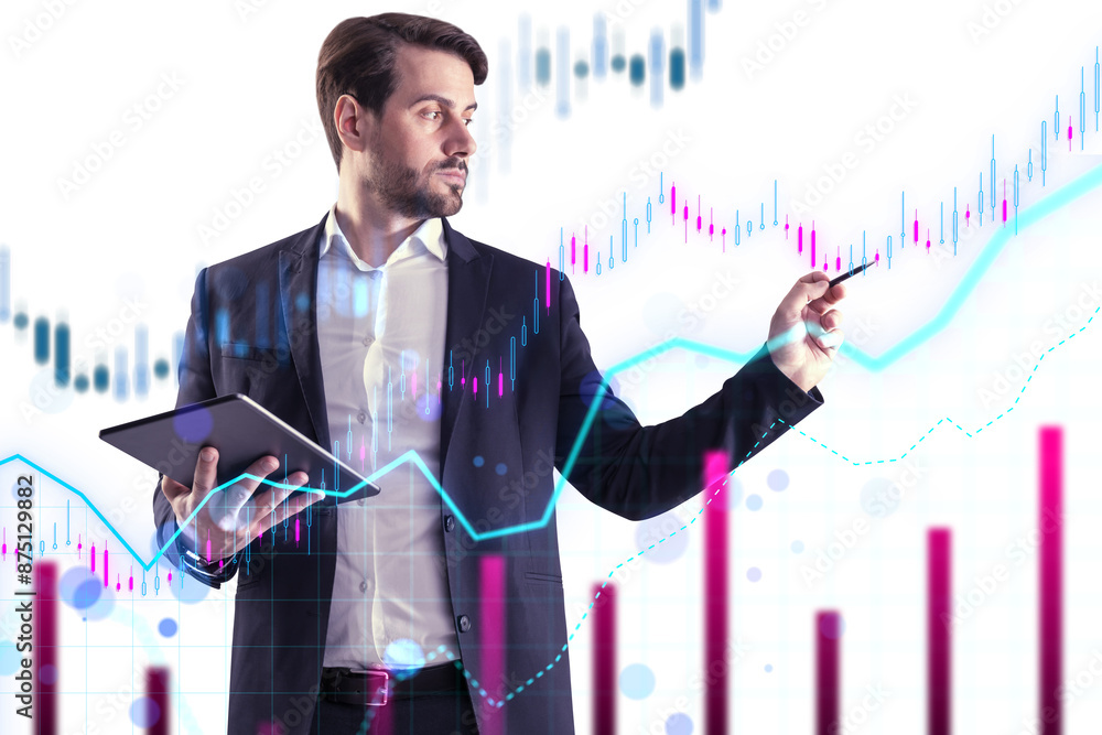 Poster A businessman with a tablet analyzing digital graphs and data trends on a light, graphical background, concept of market analysis