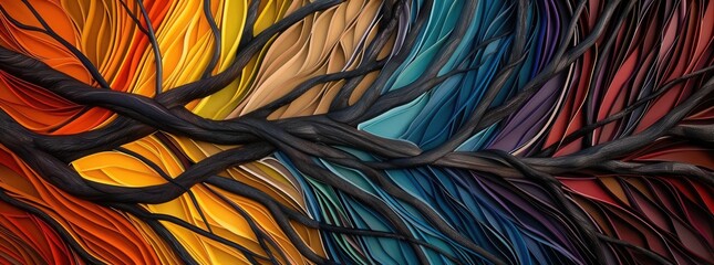 Vibrant hues flowing through a network of intertwined branches, showcasing the passage of time (close up) theme: nature realistic Overlay ancient tree,