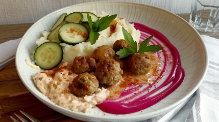 Delicious plate of Swedish meatballs with mashed potatoes, cucumber slices, and beetroot puree garnish