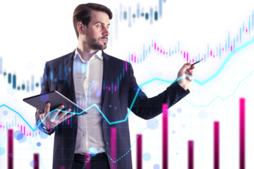 A businessman with a tablet analyzing digital graphs and data trends on a light, graphical background, concept of market analysis
