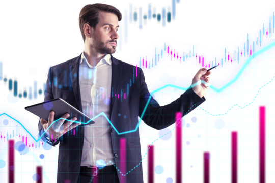 A businessman with a tablet analyzing digital graphs and data trends on a light, graphical background, concept of market analysis