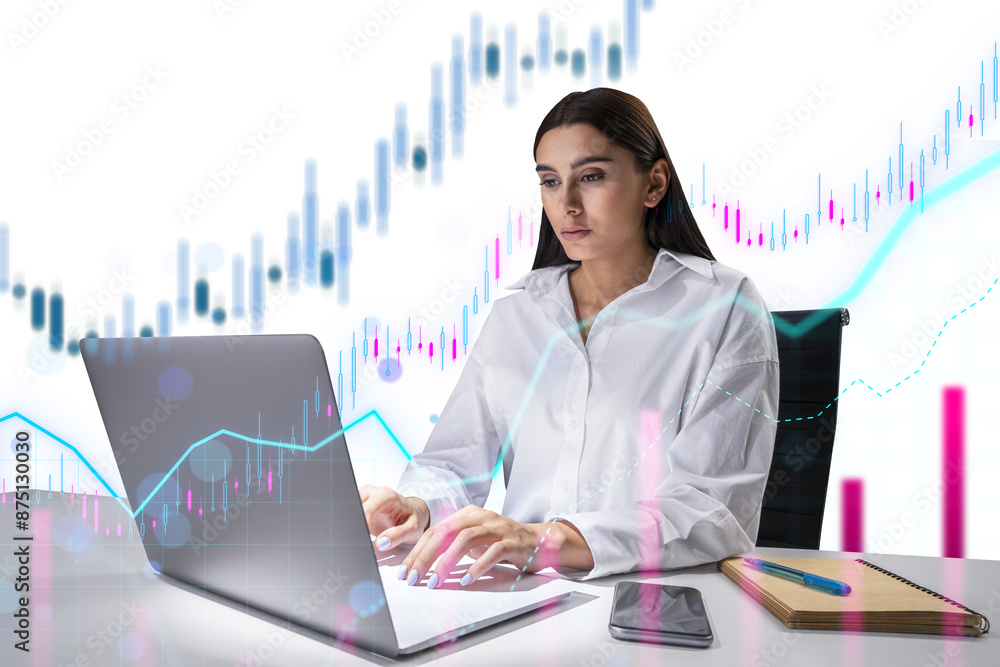 Poster a woman working on a laptop with floating digital graphs and charts around her, on a white backgroun