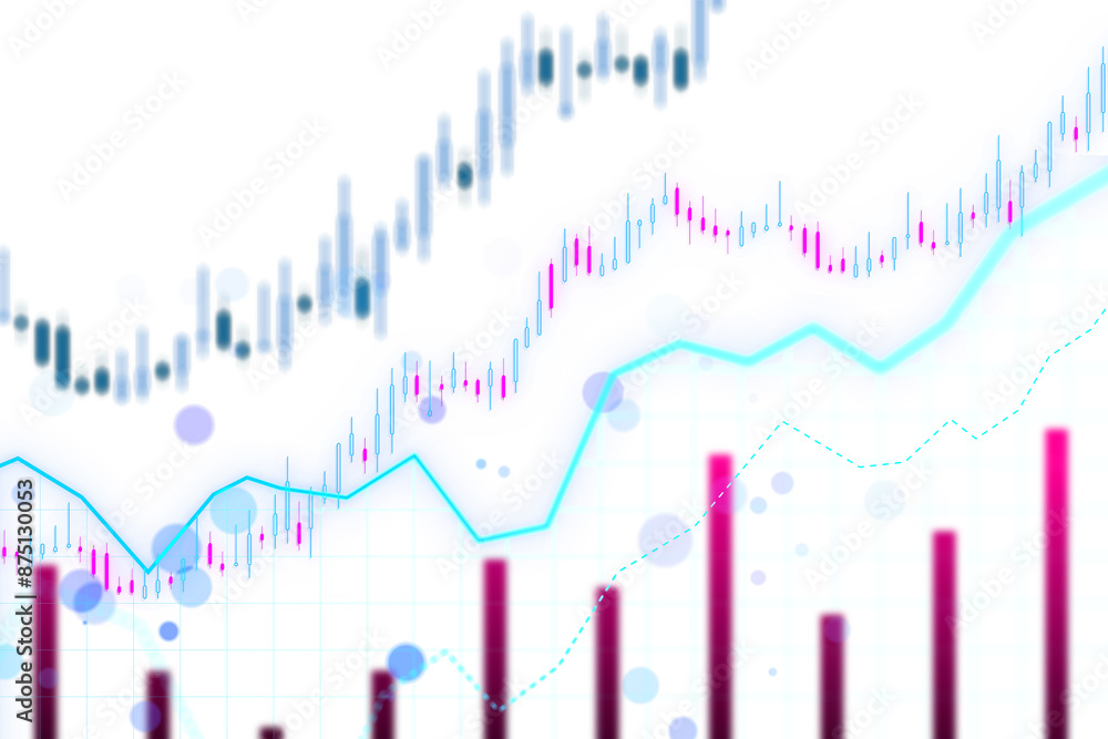 Sticker abstract financial chart with uptrend line graph and bar chart in stock market on blue and pink grad