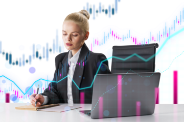A businesswoman analyzing financial graphs overlaid on the image, with a white transparent background, concept of data analysis