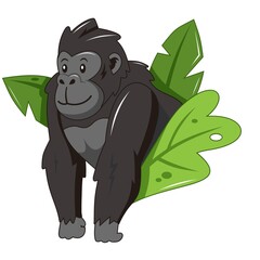 Cute Cartoon Gorilla with Green Jungle Leaves Vector Illustration - Ideal for Children's Educational Materials, Jungle-Themed Designs, and Animal Stories