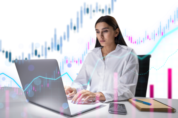 A woman working on a laptop with floating digital graphs and charts around her, on a white background, depicting data analysis