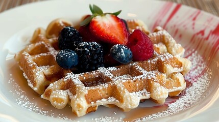 A delicious Belgian waffle topped with fresh berries and dusted with powdered sugar on a white plate.