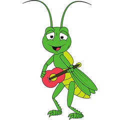 Charming Green Cartoon Grasshopper Playing a Red Guitar Vector Illustration - Perfect for Children's Music Books, Fun Educational Materials, and Creative Storytelling