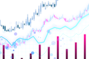 Abstract financial chart with uptrend line graph and bar chart in stock market on blue and pink gradient background, concept of growth and investment. 3D Rendering