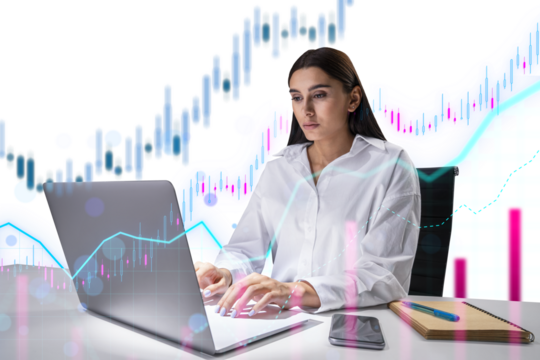 A woman working on a laptop with floating digital graphs and charts around her, on a white background, depicting data analysis