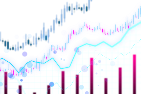 Abstract financial chart with uptrend line graph and bar chart in stock market on blue and pink gradient background, concept of growth and investment. 3D Rendering