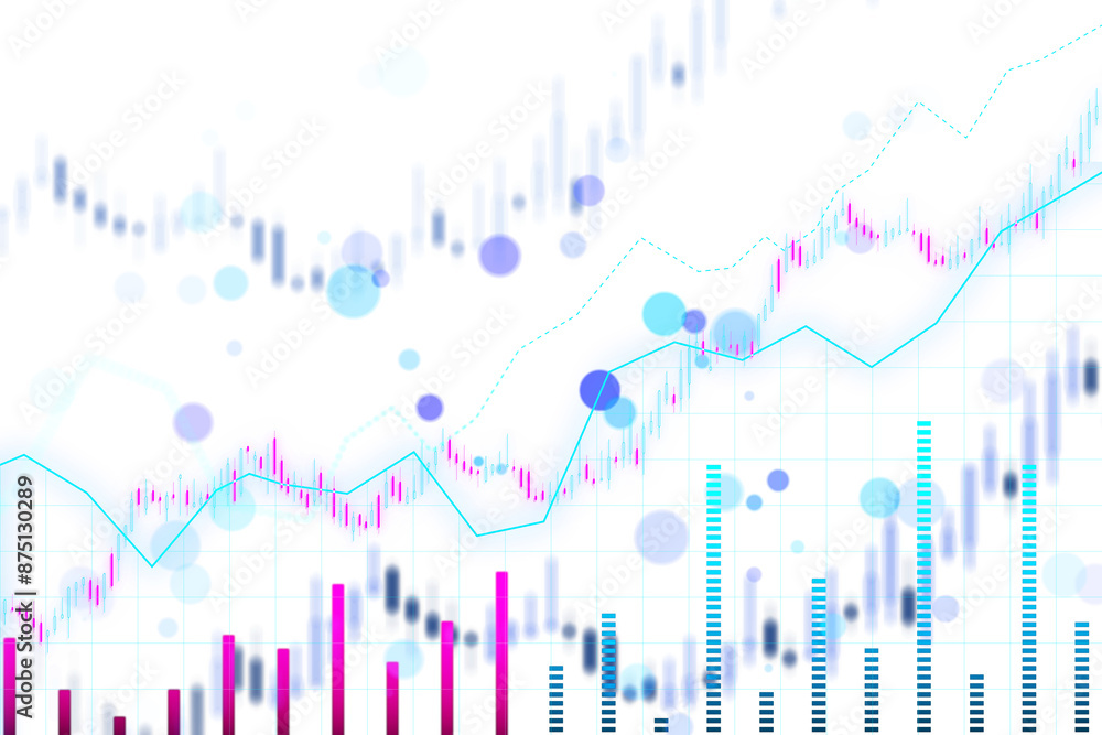 Poster abstract financial graph with uptrend line and bars in blue and pink hues on a white grid background