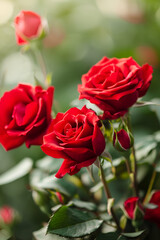 Red roses in dewdrops stand on a verandah early in the morning ,red rose and bud growing outdoors. Red roses bloom in the summer in the country garden