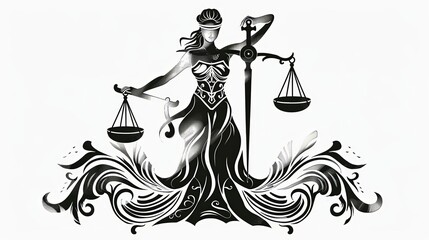 black and white ilustration woman holding justice symbol with fully tribal style illustration