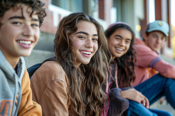 Fototapeta premium A group of smiling teenagers sitting outside a school building, enjoying their time together and laughing with friends