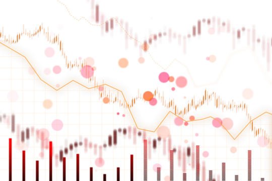 Abstract financial chart with upward trend line graph and stock numbers in a white and red color scheme on a white background, concept of stock market analysis. 3D Rendering