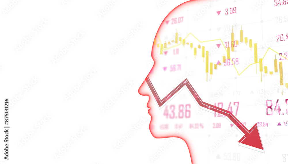 Poster silhouette of a human head with an overlay of declining stock market charts on a white background, c
