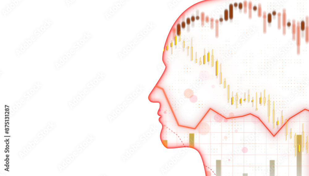 Poster silhouette of a human head with overlaying financial data on a white backdrop, symbolizing analytics